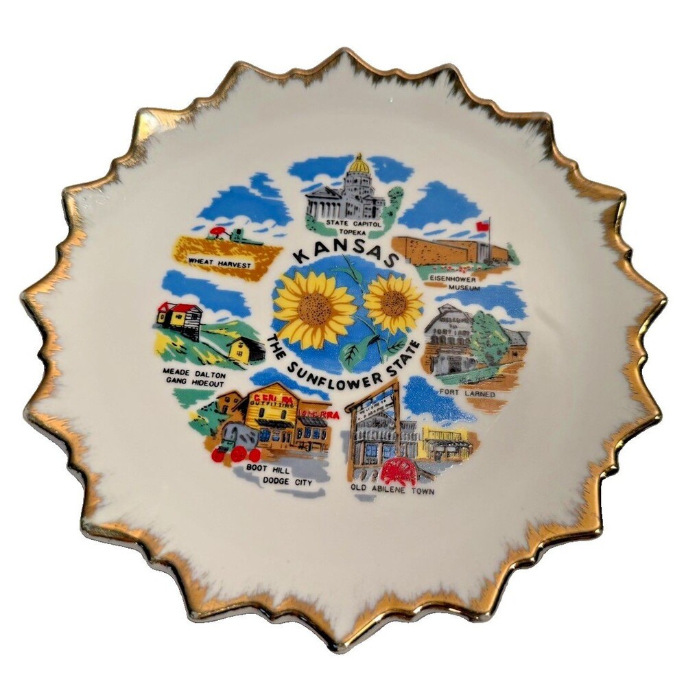 KANSAS USA Sunflower State Collectors Plate 8” Topeka Wheat Dalton Gang Boot Hil